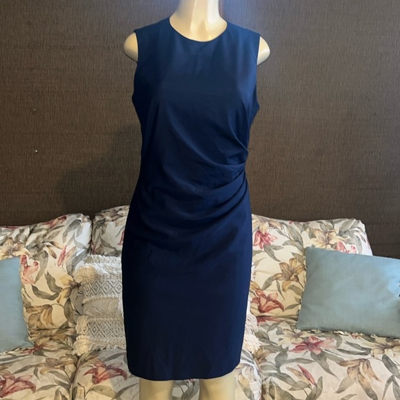 NWT Theory Sleeveless Front Ruching Sheath Dress, Sea Blue - Picture 6 of 15